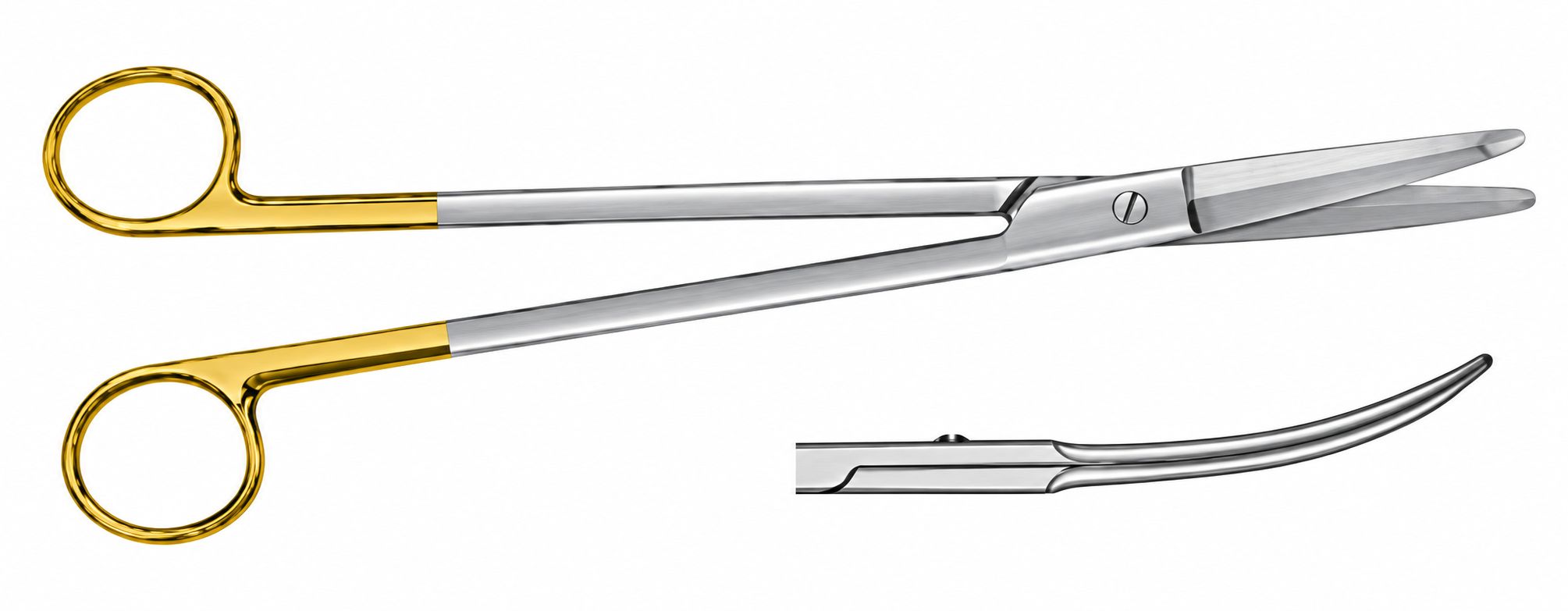 Klapper Breast Surgery SuperCut Scissors: long slender tungsten-carbide scissors with gold ring handles, shown with an inset detail of the curved serrated blade tip.