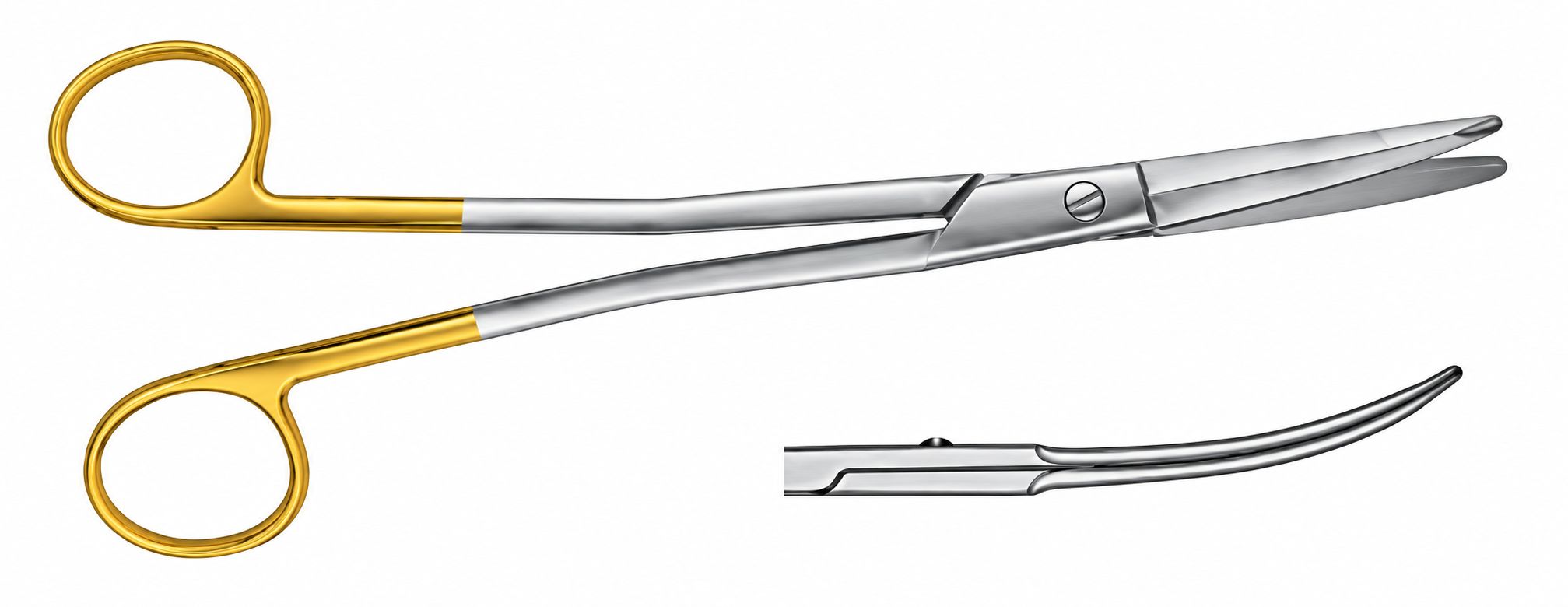 Klapper Freeman Breast Surgery SuperCut Scissors: tungsten-carbide scissors with splayed handleless grips and gold finger rings, shown with an inset detail of the curved serrated blades.