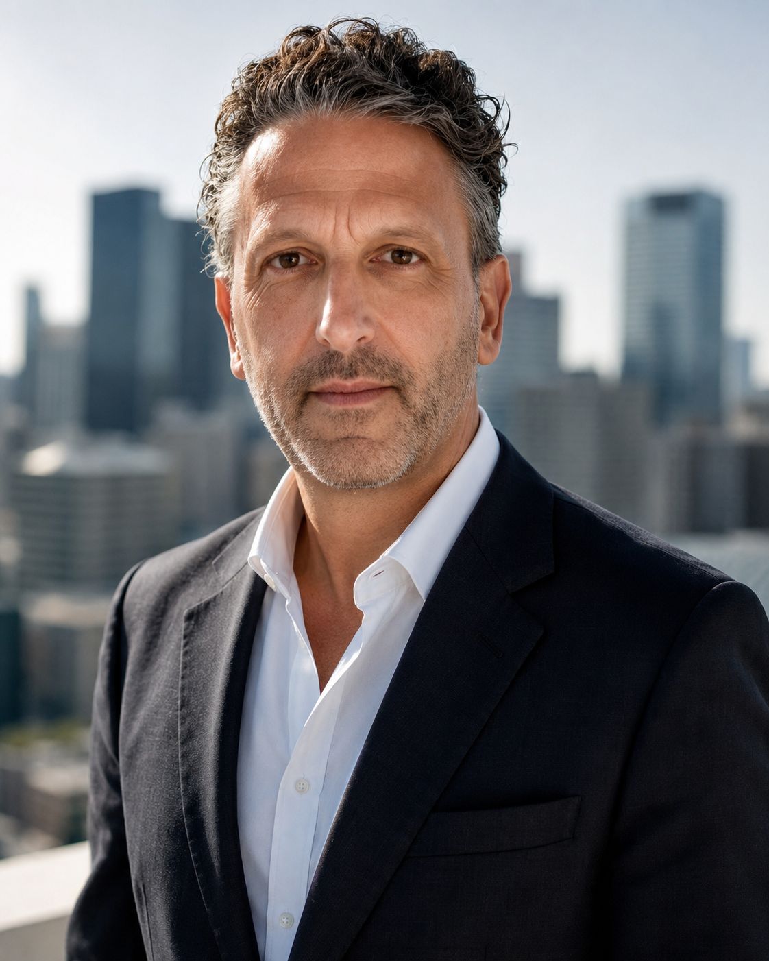 Andrew Mark Klapper, MD, photographed outdoors in a dark jacket and open white shirt, with a city skyline behind him.