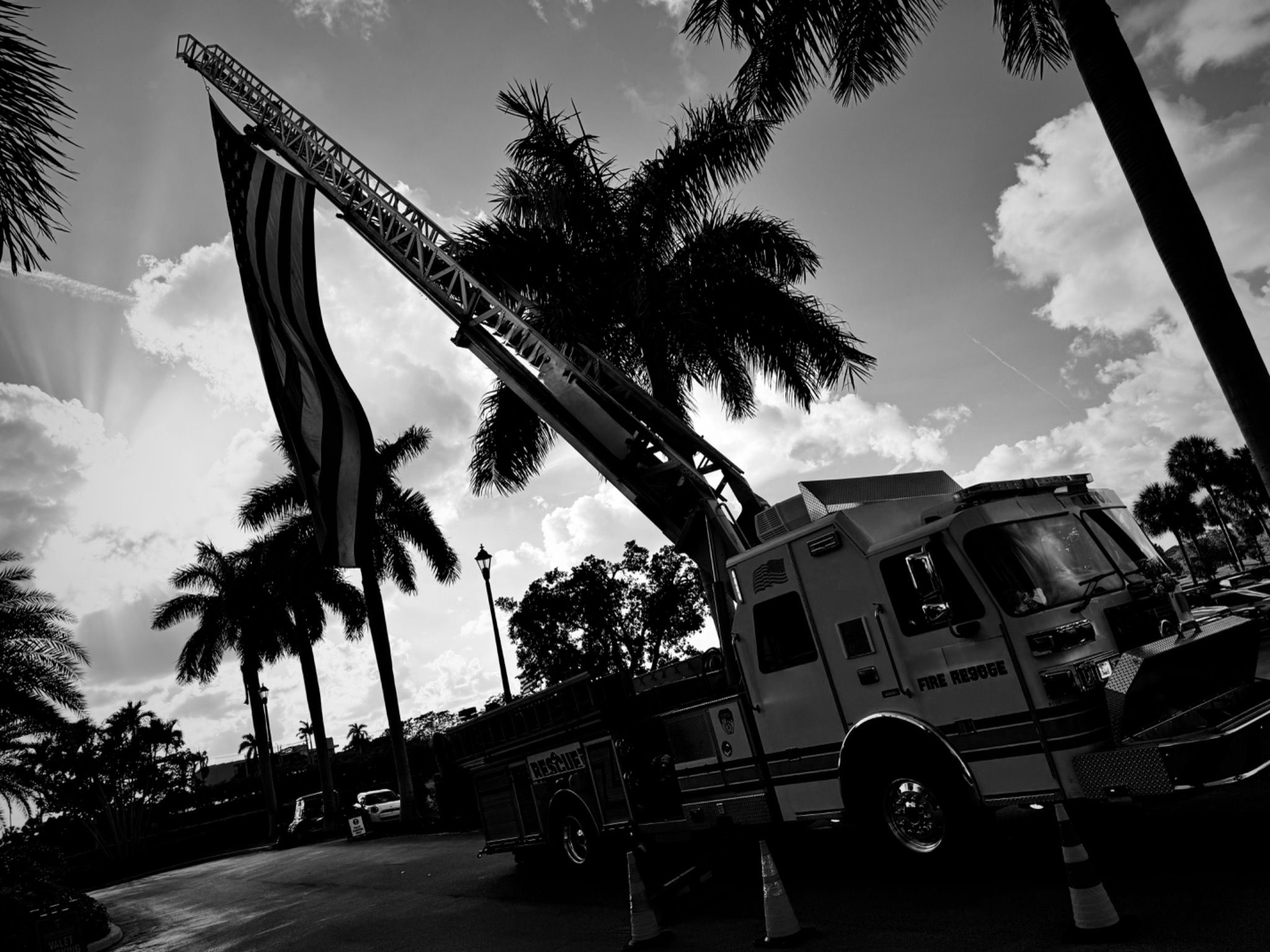 A fire rescue ladder truck with an American flag suspended from the ladder, palms behind.